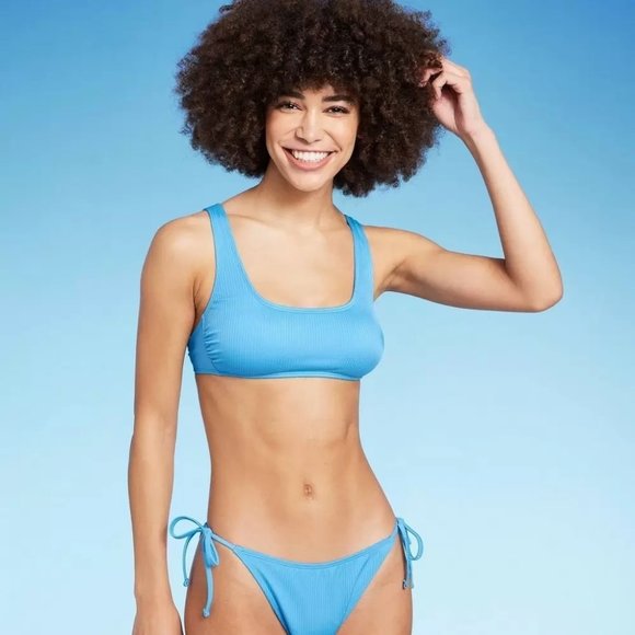 Women's Ribbed Bralette Bikini Top - Wild Fable Blue Size Medium - Picture 1 of 5